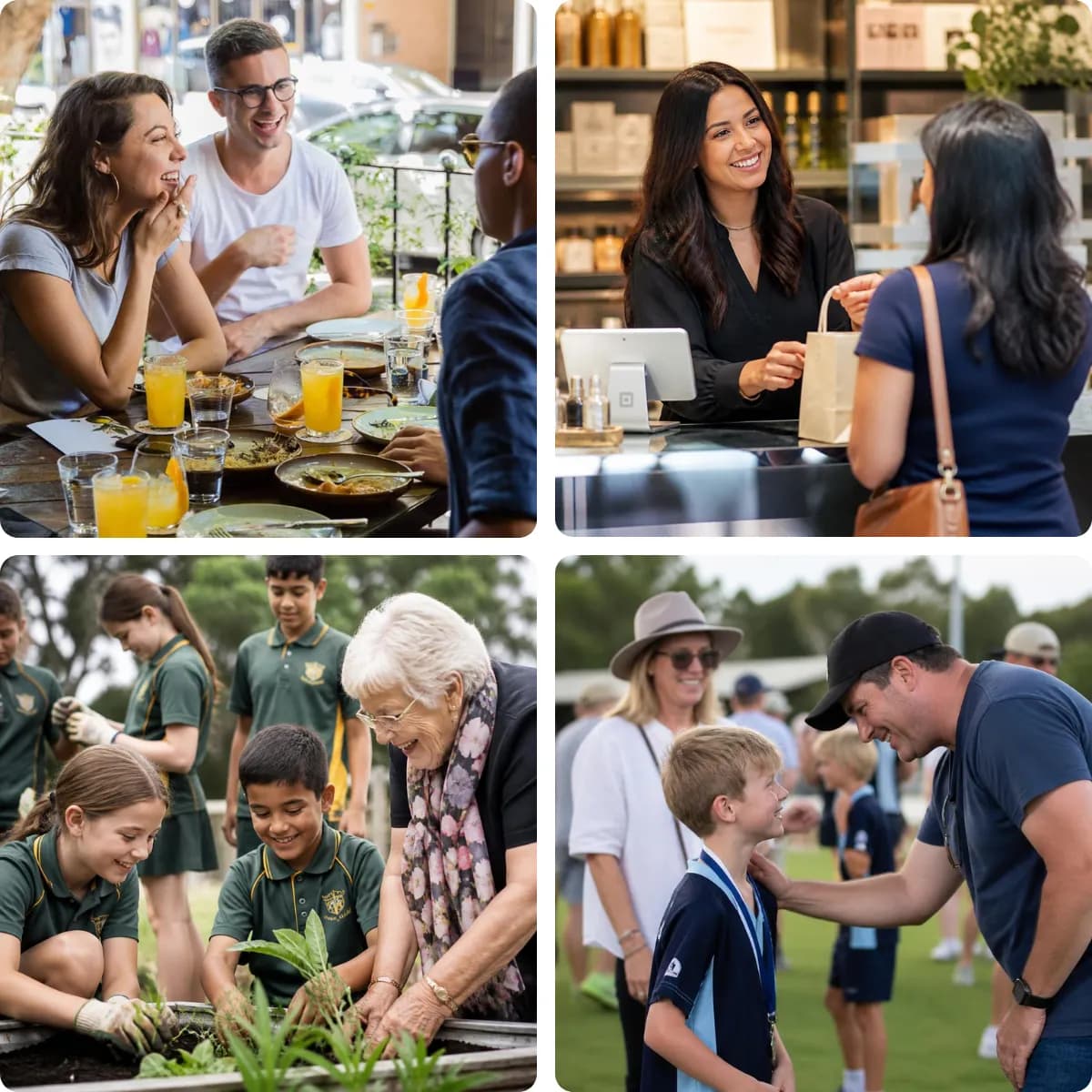 A montage of local dining, small businesses, community participation and junior sport