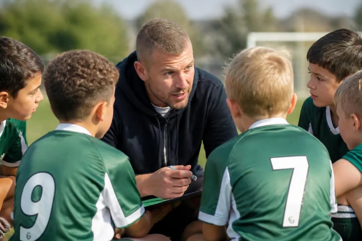 A junior sports coach speaking with young players on a field